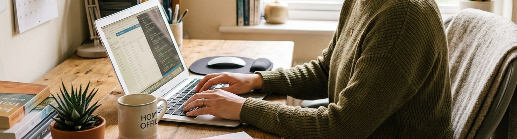 Woman typing on laptop at wooden desk in home office with plants and books