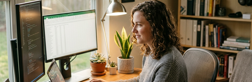 Woman working at desk with dual computer monitors, laptop, coffee mug, and notebook in a home office