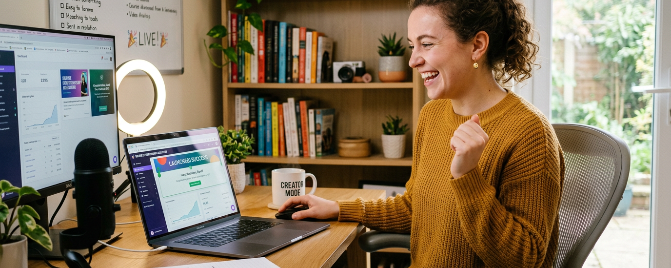 woman celebrating success at home office desk with laptop and dual monitors