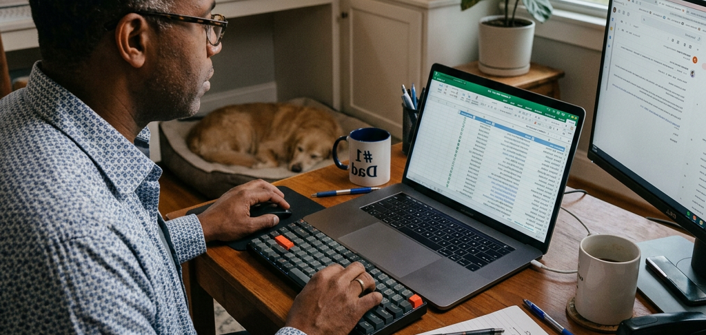 Man working on laptop with spreadsheet at home office, dog sleeping in background