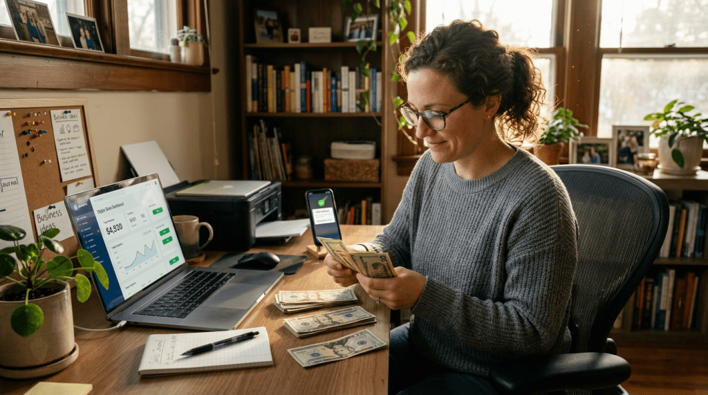 Woman counting US dollar bills at home office desk with laptop and smartphone