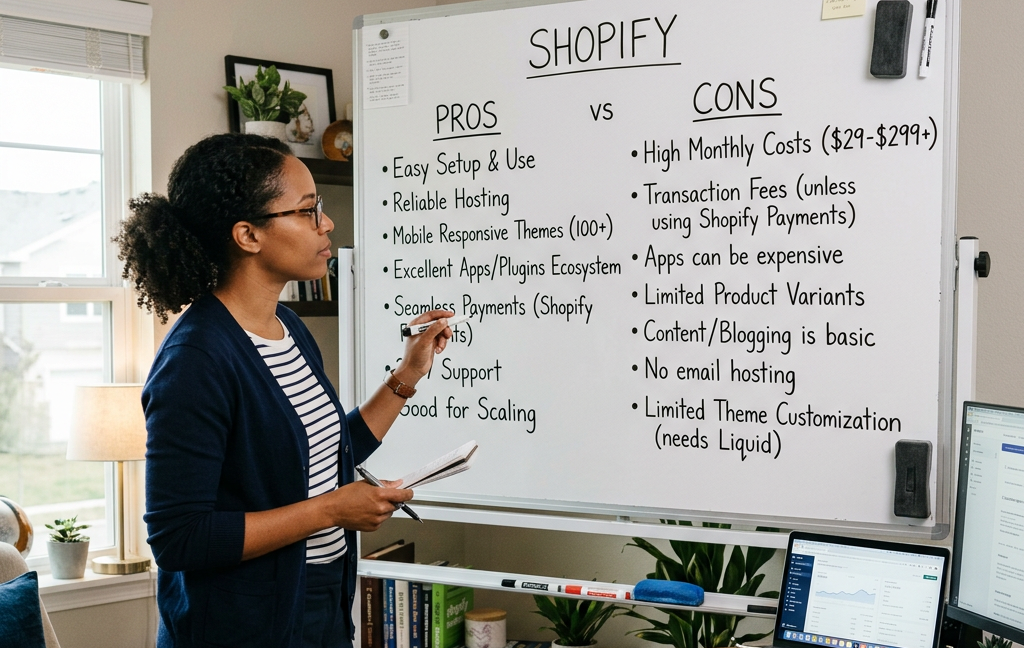 Woman pointing at a whiteboard listing Shopify pros and cons