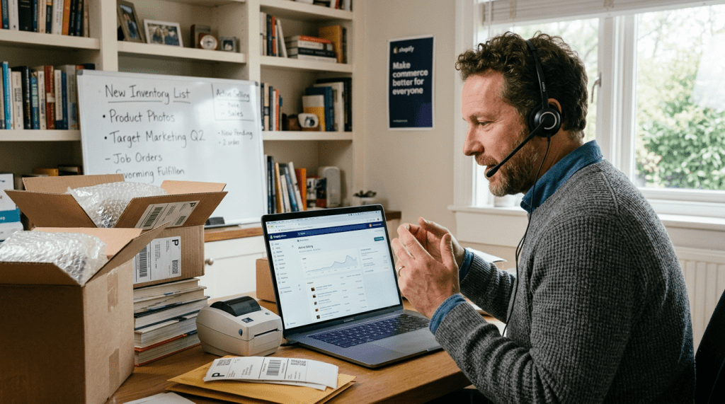Man with headset working on ecommerce order management at home desk