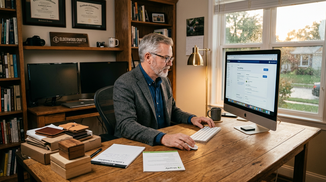 Man working on desktop computer in organized home office with books and certificates