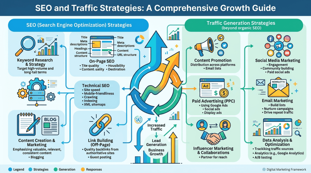 Infographic outlining SEO strategies and traffic generation methods with icons and arrows