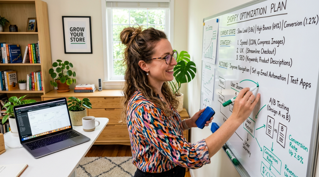 Woman writing Shopify optimization plan on whiteboard with laptop and plants in background
